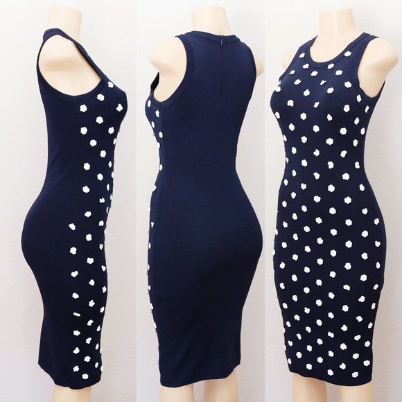 Michael Kors Navy Blue White Sequins Floral Rosette Embellished Knit Midi Dress - Picture 8 of 16